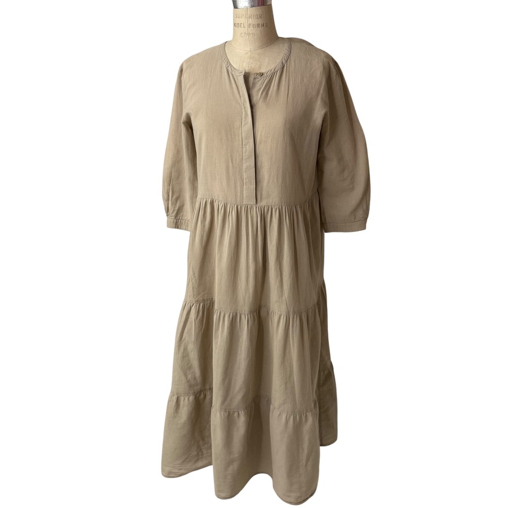 Jenni Kayne Dress Womens S Tan James Tiered Midi Linen Blend 3/4 Sleeve No Slip
